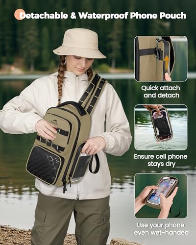 MATEIN Fishing Sling Bag with Lure Rod Holder & Phone Pouch, Waterproof 3600 Tackle Box Backpack with Removable Bait Binder - color: Khaki & Black