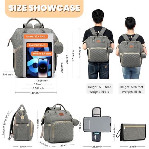 ROSEGIN Baby Diaper Bag Backpack with Changing Pad, Pacifier Case, for Boy Girl Toddler - Large, Stylish, Waterproof Travel Quilted Diaper Bag for Mom - Baby Shower Gifts - Grey - color: Dark Grey