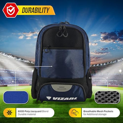 Vizari Soccer Backpack Soccer Bag | Water resistant Durable Equipment Bag for Football, Basketball, Volleyball | Cleats and Ball Compartment - Red,Blue,Pink,Black - color: Black/Navy