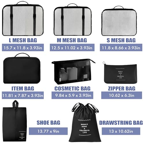 8 Set Packing Cubes for Suitcases, INVODA Travel Luggage Packing Organizers with Laundry Bag, Compression Storage Shoe Bag, Clothing Underwear Bag (Black) - color: Black