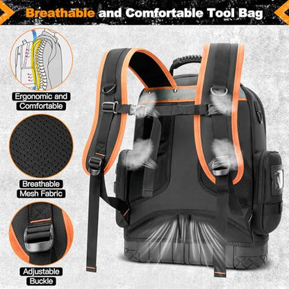 LOKASS 18.1 Inch Tool Backpack, 75 Pockets & Loops Heavy-Duty 1680D Molded Base Tool Bag with Combination Lock for Electrician, HVAC, Construction Workers, Black - color: Black