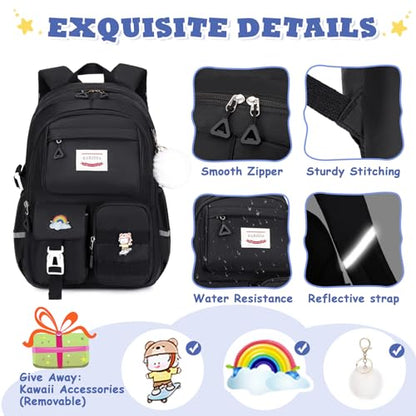 MUSEVOS Girls Backpack for Kids Teenage Elementary Middle High School Backpacks, Lightweight Water Resistant Bookbag Multiple Compartments large Capacity, Black - color: Black