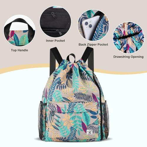Drawstring Backpack with Mesh Pockets String Gym Bag Sackpack Sandproof Water Resistant Beach Backpack for Men Women - color: Gray Leaves