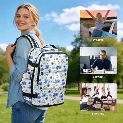Travel Backpack with Shoe Compartment, 20L Large Capacity Laptop Backpack for Men Women, Blue Flowers Daypack for Traveling Hiking Carry On