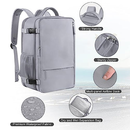 Sinaliy Travel Backpack for Women & Men, 40L Carry-On, 17-Inch Laptop, Waterproof, College Bookbag, Flight Approved - color: Grey