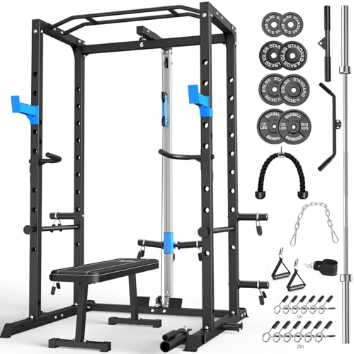 ULTRA FUEGO Power Cage, Multi-Functional Power Rack with J-Hooks, Dip Handles, Landmine Attachment and Optional Cable Pulley System for Home Gym - size: 150LB Weights Package+Flat Bench