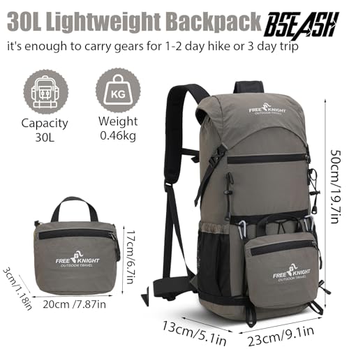 Bseash 30L Lightweight Hiking Backpack, Gray | Waterproof, Outdoor Sport Travel Bag Daypack, For Cycling Climbing Skiing - color: Gray