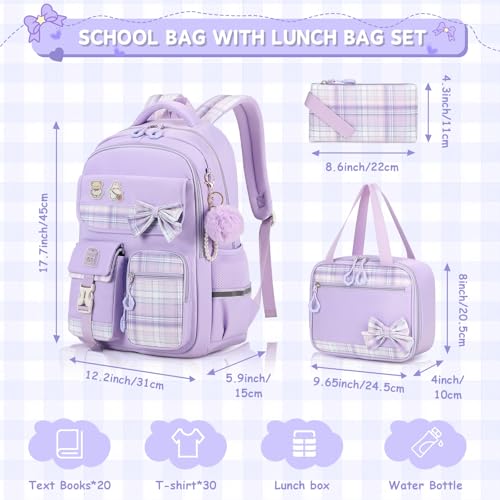 MOONBABY Girls Backpack, Kids Backpack for Girls School Bags with Lunch Bag & Pen Case, Bow Plaid Book Bag for Elementary Middle Primary High School College,Purple-3pcs - color: Purple Set