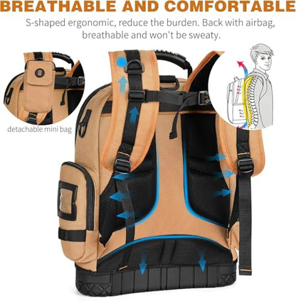 Tool Bag Backpack, 75 Pockets & Loops Canvas Heavy Duty Tools Organizer Bags/HVAC Tool Carrier for Electrician/Construction Work with Molded Base and Combination Lock - Brown - color: Brown