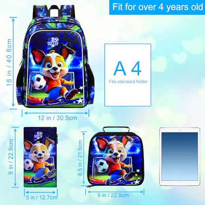 16" Dog Soccer Backpack Set for Boys 4-8, 3Pcs Kindergarten School Bag with Football Lunch Box & Pencil Case, Durable Bookbag (Blue) - color: Soccer Dog Blue