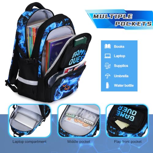 Scothen 3PCS Boys Backpack Set, Cool Backpack for Boys with Lunch Bag & Pencil Case, Kids School Bag Teen Boy Bookbag for Kindergarten Elementary Middle School with USB Charging Port - color: Blue Flame