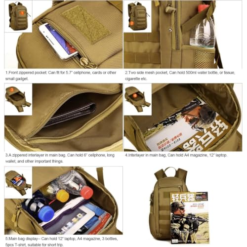 HUNTVP 10L Tactical Backpack Small Backpack Mini Daypack Military MOLLE Rucksack Gear Tactical Assault Pack Bag for Hunting Camping Trekking(10L Dark Brown) - color: Dark Brown, size: 10L