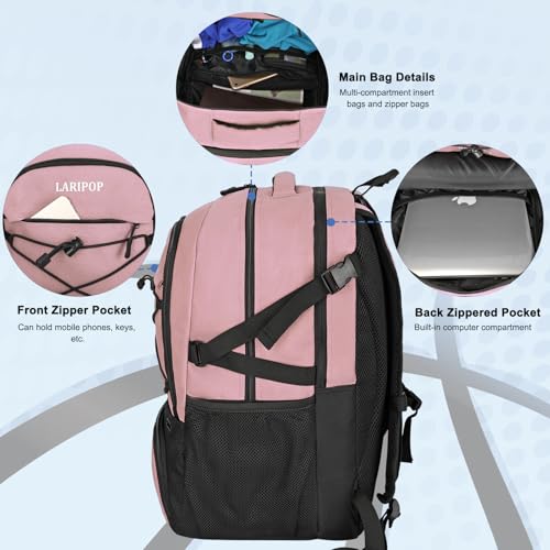 LARIPOP Basketball Backpack Large Basketball Bag with Ball Holder & Shoe Compartment for Adults Men Women - color: Flesh Pink