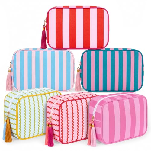 Kacctyen 6 Pack Mixed Color Striped Makeup Bag bulk with Tassel Travel Cosmetic Pouch Organizer Large Zipper Toiletry Case for Women Aesthetic Storage Pouch Mahjong Tile Bag - color: Mixed Color