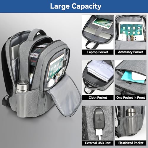 Voova Travel Laptop Backpack, Business Work Laptop Backpack for Women & Men with USB Charging Port, Waterproof Slim Durable College Computer Bag Fits 15.6 Inch Laptops and Notebook, Grey - color: Grey