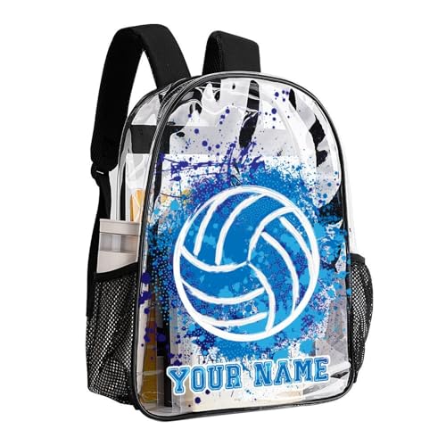 Custom Volleyball Clear Backpack Heavy Duty for Girls Kids Boys | Large Cool PVC Volleyball Theme Printing Transparent Backpacks for Schools Stadium Concerts Work - Clear/Black - color: Volleyball Clear Backpack 2 Black Custom