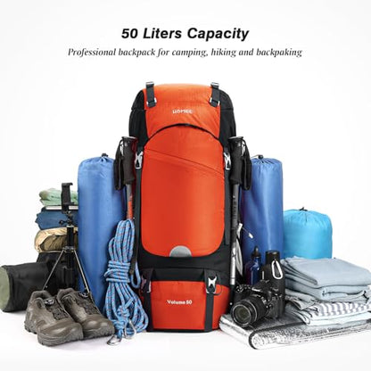HOMIEE 50L Hiking Backpack Travel Bag Waterproof Camping Rucksack with Rain Cover Lightweight Backpacking Backpack - color: Orange