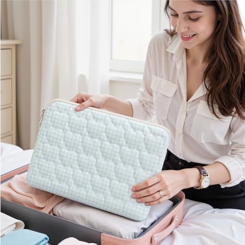 13-14 inch Cotton Quilted Laptop Sleeve for Women, Aesthetic Puffy Laptop Case Carrying Bag Compatible with MacBook Air/Pro 13/Pro 14, Soft Computer Liner Bag (Blue Gingham, 13.3inch) - color: Blue Gingham, size: 13.3 inch