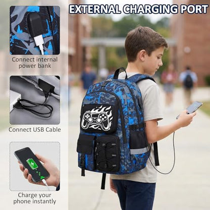 School Backpack for Boys - Gamer Boys Backpacks for Kids Teens Elementary Middle High School,18″ Large Capacity Students Bookbag with Usb Charging Port - color: Game003-only
