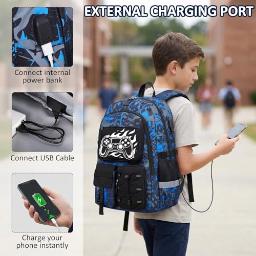 School Backpack for Boys - 4pcs Gamer Boys Backpack with Lunch Box Set for Kids Teens Elementary Middle High School,18″ Large Capacity Students Bookbag with Usb Charging Port & Key-chain - color: Game003-set