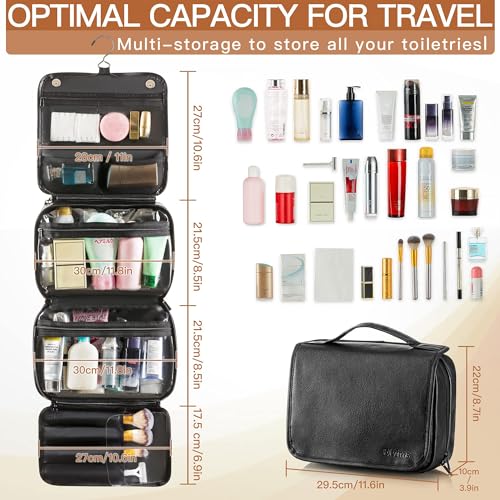 Elviros Hanging Toiletry Bag Removable Travel Bag PU leather Makeup Cosmetic Organizer Kit, Black - color: Black