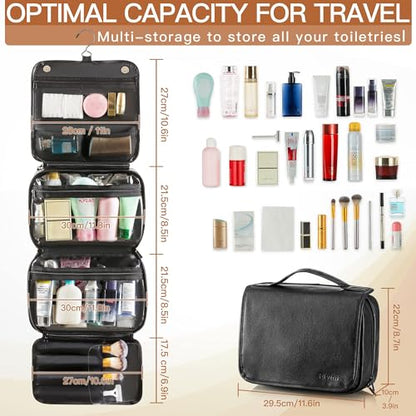 Elviros Hanging Toiletry Bag Removable Travel Bag PU leather Makeup Cosmetic Organizer Kit, Black - color: Black