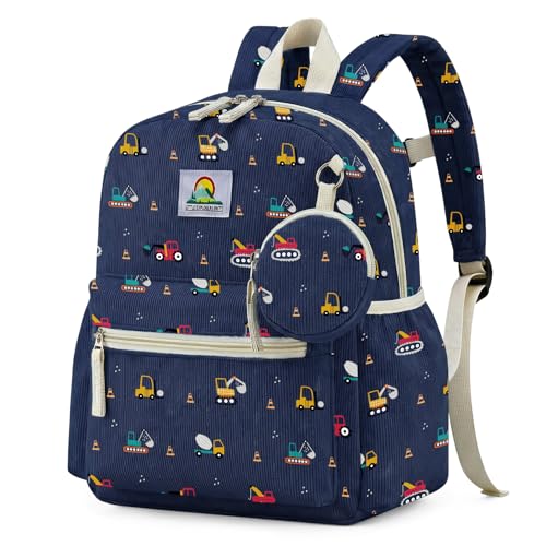Corduroy Toddler Backpack for Boys 2-5: Construction Kids backpack for Boys - 13.5 inch Preschool Kindergarten Backpacks with Coin Purse - color: Navy Blue-engineering Vehicle