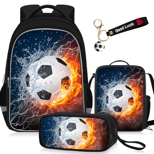 TILYTADLY School Backpack for Boys - 4pcs Soccer Boys Backpack with Lunch Box and Pencil Case for Kids Children Teens Elementary Middle School - Students Bag for Ages 6-18,17″Bookbag Travel Back Pack - color: Soccer-08-backpack Set