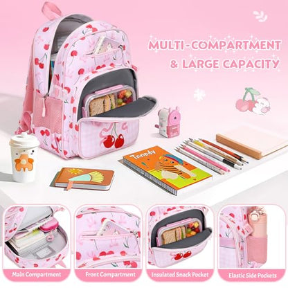 Toddler Backpack for Girls Ages 5-8, 3PCS Girls Backpack with Lunch Bag & Pencil Case - 15inch Kids School Bookbag for Preschool Kindergarten Elementary School (Cherry) - color: Cherry