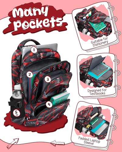 BLUEFAIRY Kids School Backpack for Boys Girls Ages 6-8 8-10 10-12 Elementary Middle School Book Bags with Laptop Compartment Mochilas Escolares para Niños Niñas de 8 10 12 Años (Red, Geometric) - color: Red