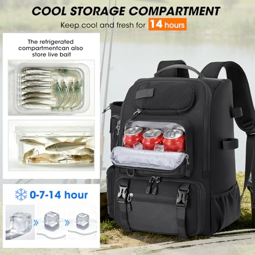 RAINSMORE Fishing Backpack with Rod Holders & Cooler 40L Water Resistant Tackle Backpack with Rain Cover Store Fishing Gear - color: Black