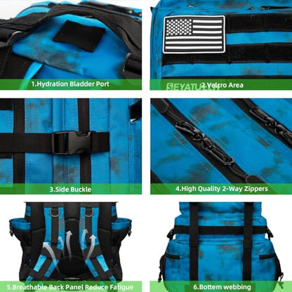 Military Tactical Backpack 55L for Men & Women Bug Out Bag Assault pack Molle Daypack Hiking Trekking Rucksack (Blue tie dye) - color: Blue Tie Dye