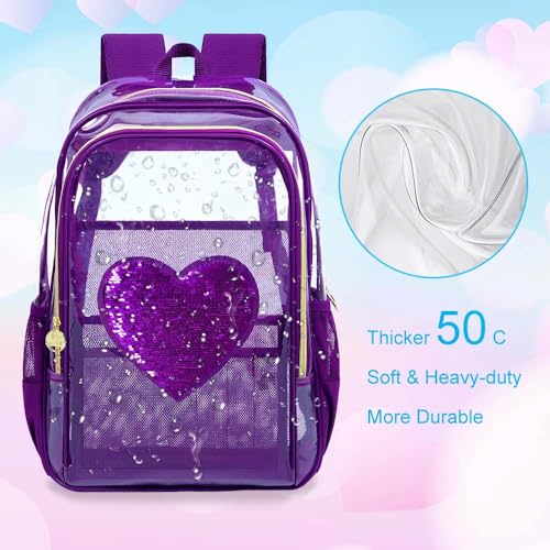 gxtvo 3PCS Girls Clear Backpack Heavy-Duty Set for Women & Teen, 17" See Through Bookbag with Luxurious Gold Zipper, Deep Purple Sequins Transparent School Bag - color: Deep Purple Sequins Clear Backpack Set