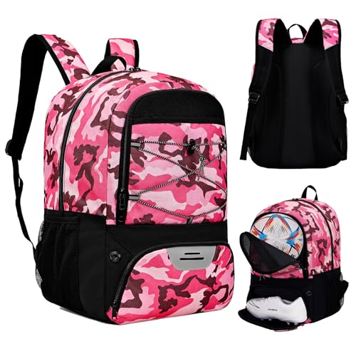 Hsmihair Youth Soccer Bag-Soccer Backpack&Backpack for Football Basketball,with Ball Compartment Separate Cleat Package - color: CamoPink