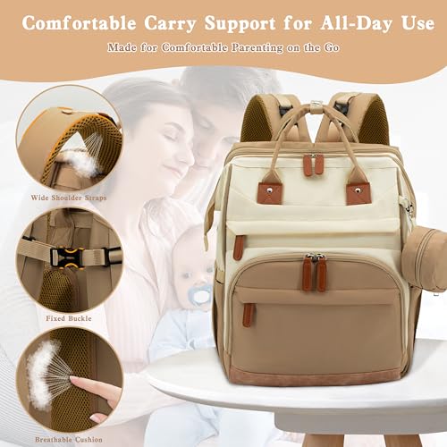 Diaper Bag Backpack for New Parents, Large Capacity Baby Travel Bag with Bottle Holders, Multiple Compartments (Khaki Brown) - color: Khaki Brown