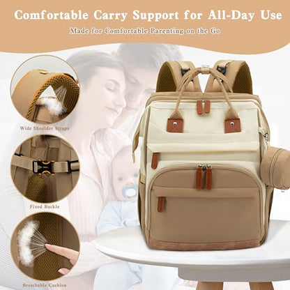 Diaper Bag Backpack for New Parents, Large Capacity Baby Travel Bag with Bottle Holders, Multiple Compartments (Khaki Brown) - color: Khaki Brown