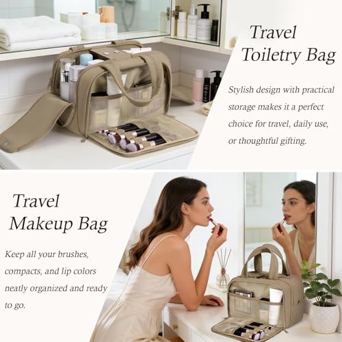 Travel Toiletry Bag, Large Wide-open Puffy Makeup Bag for Women Khaki - color: Khaki