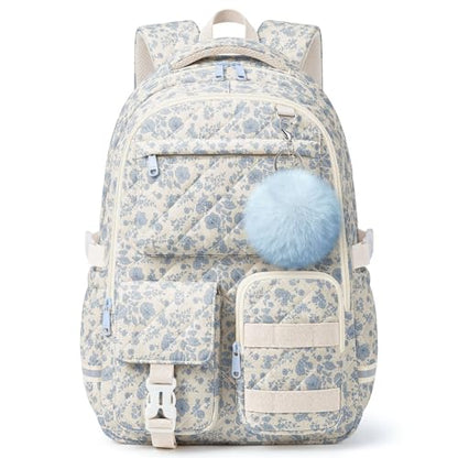 Quilted Backpack for Teen Girls, Cute Blue Floral School Backpack with Multi-Pocket Design, Lightweight Cotton Bookbag Fits 15.6" Laptop, Large Capacity Aesthetic Backpack with Plush Charm - color: Blue Floral