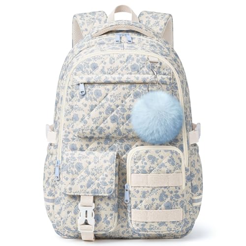 Quilted Backpack for Teen Girls, Cute Blue Floral School Backpack with Multi-Pocket Design, Lightweight Cotton Bookbag Fits 15.6" Laptop, Large Capacity Aesthetic Backpack with Plush Charm - color: Blue Floral