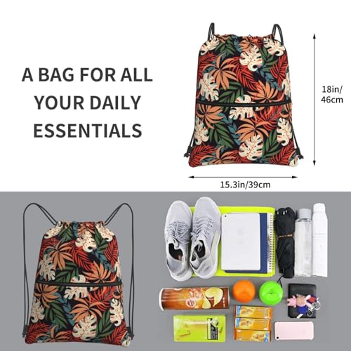 JOOCAR Tropical Leaf Drawstring Bag Summer Backpack Draw String Bags Waterproof Lightweight Sports Gym Beach Sackpack Zipper Pocket for Men Women - color: B4