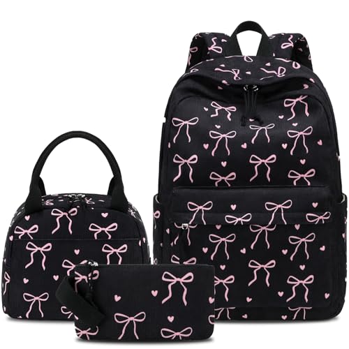 LEDAOU Kids Backpack for Girls Backpacks with Lunch Box, Lightweight Bookbag Set Elementary Middle School Back pack for 8-14 - color: A-bow Tie Black