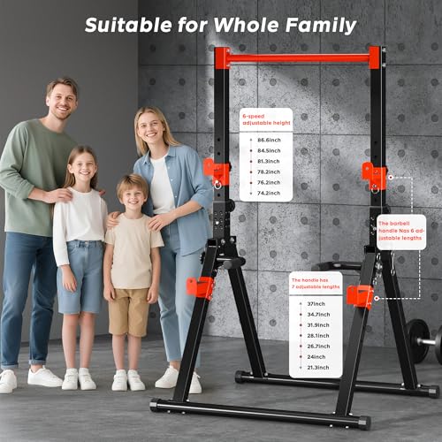 DlandHome Foldable Power Tower Pull Up Bar Dip Station, Adjustable Height Multifunction Workout Pull Up Tower Station for Home Gym, Strength Training Equipment, Triangular Legs, Up to 330lbs - color: Red