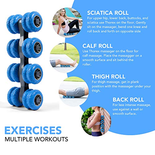 THOREX 8-Wheel Back Massager and Neck Knot Remover - Chiropractor Approved Manual Deep Tissue Massage Tool for Upper Back, Trapezius Pain Relief and Trigger Point Therapy - Self Recovery Muscle Stick