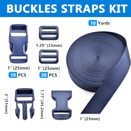 1 inch Buckles Straps Set with 10 Yards Nylon Webbing Strap,10 pcs Quick Side Release Plastic Buckle, 20 pcs Tri-Glide Slide Clip for Luggage Strap, Backpack Replacement (Navy Blue) - color: Navy Blue