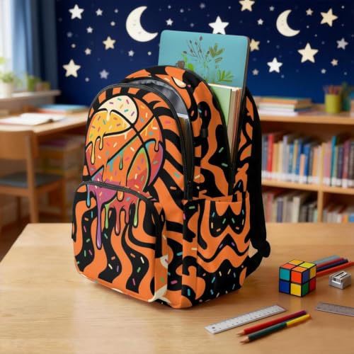 Suobstales Basketball Drip Print Kids School Backpack Casual Travel Daypack School Bookbag Backpack for Teens Boys Girls Lightweight Middle School Backpack with Adjustable Padded Straps - color: Basketball Drip