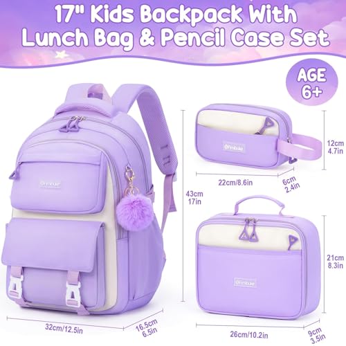 Fimibuke Backpacks for Girls, 3 PCS Waterproof School Backpack with Lunch Box, Pencil Pouch Set for Kids Teens Girls, Cute Bookbag School Bag for Elementary Middle High School Student Ages 6+(Purple) - color: Purple