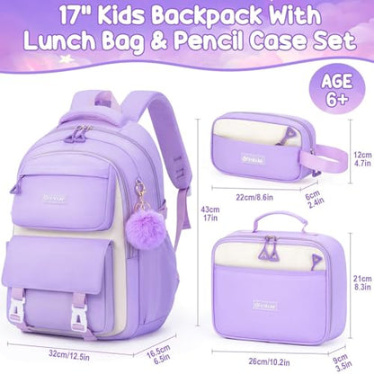 Fimibuke Backpacks for Girls, 3 PCS Waterproof School Backpack with Lunch Box, Pencil Pouch Set for Kids Teens Girls, Cute Bookbag School Bag for Elementary Middle High School Student Ages 6+(Purple) - color: Purple