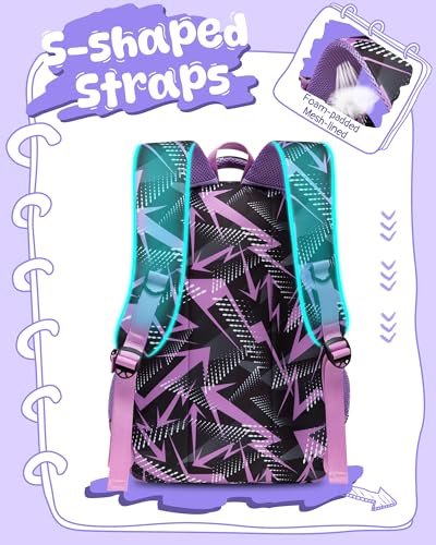 BLUEFAIRY Kids School Backpack for Boys Girls Ages 6-8 8-10 10-12 Elementary Middle School Book Bags with Laptop Compartment Mochilas Escolares para Niños Niñas de 8 10 12 Años (Purple, Geometric) - color: Purple