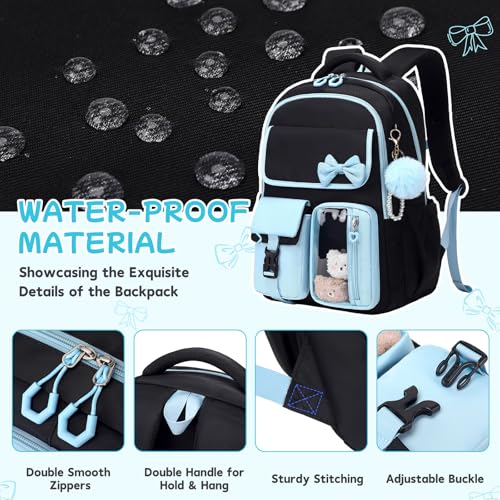 Girls Backpack, School Backpack for Girls, Cute Bow Kids Bookbag for Grils Children Teens for Elementary Middle High School Student, Back To School, Black Blue - color: Black Blue