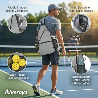Pickleball Sling Bag with Shoe Compartment - Crossbody Backpack Fits 2 Paddles, 32oz Bottle & Fence Hook, Sports Bag for Men & Women (Shoe Limit: up to US Men's 10 / Women's 11.5) - color: Heather Gray
